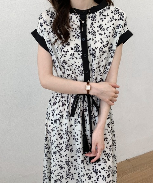 セール】マキシ丈ウエストマークフレンチスリーブ配色ロング