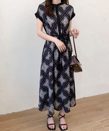 ABITOKYO | マキシ丈ウエストマークフレンチスリーブ配色ロングワンピース(ワンピース)