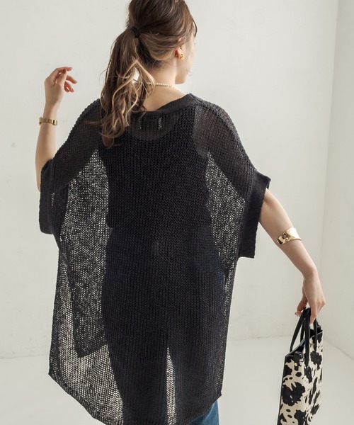 CAPRICIEUX LE'MAGE(カプリシューレマージュ)の「透かし編リネン半袖プルオーバー(ニット/セーター・レディース・オフホワイト/ブラック・FREE)」の2枚目の写真