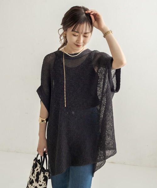 CAPRICIEUX LE'MAGE(カプリシューレマージュ)の「透かし編リネン半袖プルオーバー(ニット/セーター・レディース・オフホワイト/ブラック・FREE)」の7枚目の写真