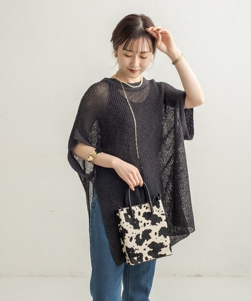 CAPRICIEUX LE'MAGE(カプリシューレマージュ)の「透かし編リネン半袖プルオーバー(ニット/セーター・レディース・オフホワイト/ブラック・FREE)」の8枚目の写真