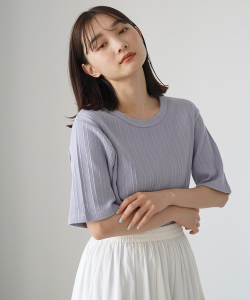 AMERICAN HOLIC（アメリカンホリック）の「針抜きテレコ半袖カットプルオーバー（Tシャツ/カットソー・レディース・グレイッシュベージュ/ブラック/パープル/オフホワイト・M/L）」の4枚目の写真