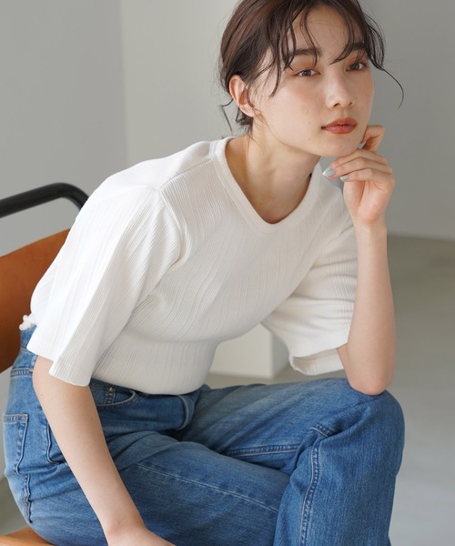 AMERICAN HOLIC（アメリカンホリック）の「針抜きテレコ半袖カットプルオーバー（Tシャツ/カットソー・レディース・グレイッシュベージュ/ブラック/パープル/オフホワイト・M/L）」の3枚目の写真