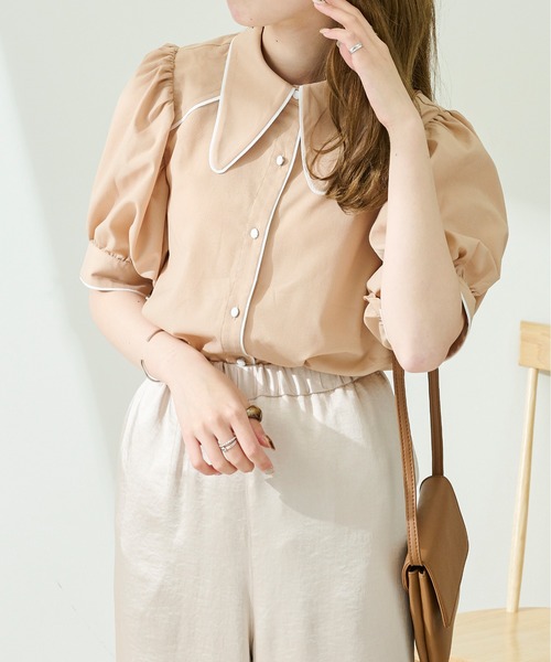 Ambre Neige（アンブルネージュ）の「メロー配色ステッチシャツ／【WEB/EC限定商品】（シャツ/ブラウス・レディース・ホワイト/ピンクベージュ/ライトベージュ・FREE）」の8枚目の写真