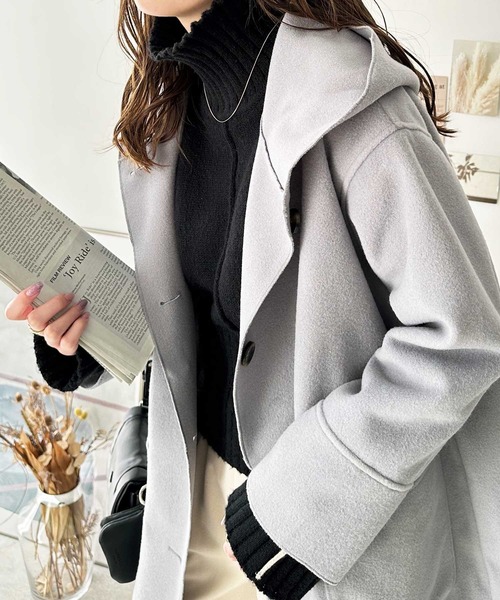 POSTELEGANTベージュ系チェック オーバーサイズコート GeeRA（ジーラ）の「オーバーサイズフードロングコート（チェスター