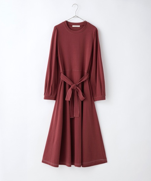 PURIL（ピュリル）の「【PURIL】リボン付き　配色ステッチカットソーフレアロングワンピース（ワンピース・レディース・ブラック/ブラウン/ボルドー・S/M）」の6枚目の写真