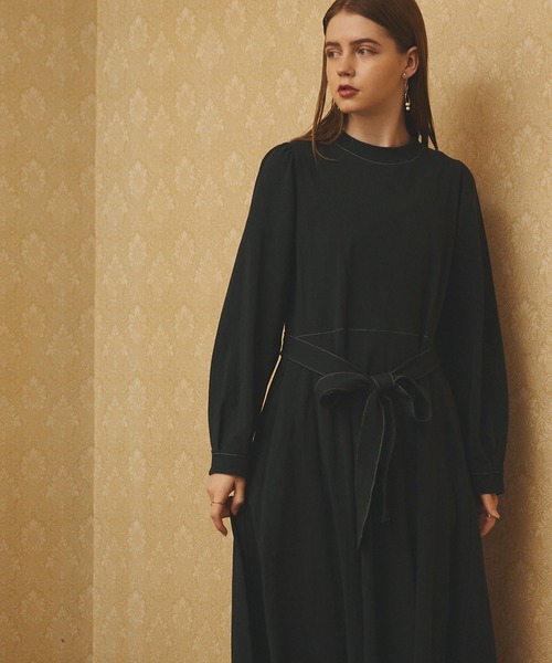 PURIL（ピュリル）の「【PURIL】リボン付き　配色ステッチカットソーフレアロングワンピース（ワンピース・レディース・ブラック/ブラウン/ボルドー・S/M）」の14枚目の写真