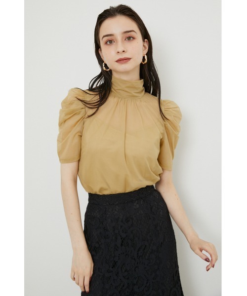 rienda（リエンダ）の「ショルダーギャザーシースルートップス（Tシャツ/カットソー・レディース・ブラック/ライム/ライトブラウン・FREE）」の3枚目の写真