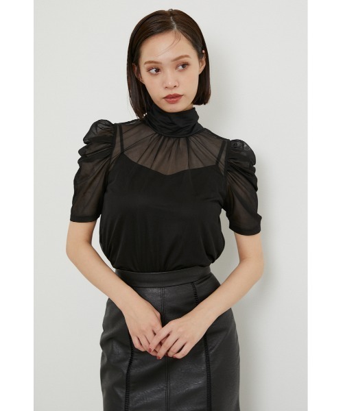 rienda（リエンダ）の「ショルダーギャザーシースルートップス（Tシャツ/カットソー・レディース・ブラック/ライム/ライトブラウン・FREE）」の2枚目の写真