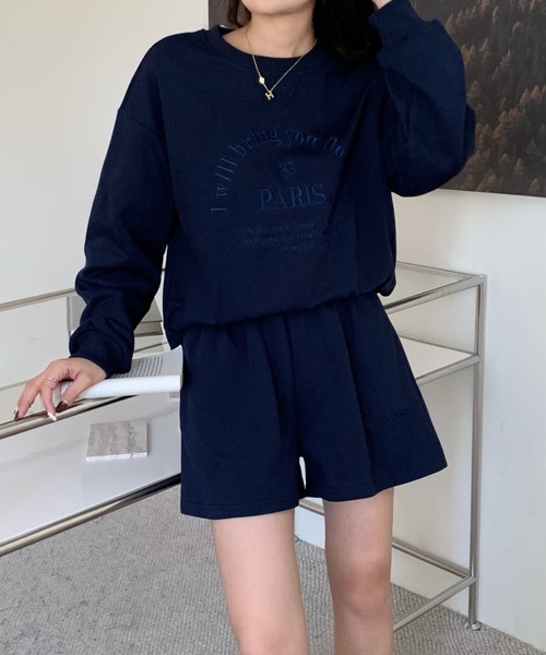 emi+(エミプラス)の「刺繍ロゴトレーナ+ショートパンツセットアップ(スウェット・レディース・ブルー/イエロー/ピンク/ネイビー/チャコールグレー/アイボリー/ブラウン/ブラック・FREE)」の13枚目の写真