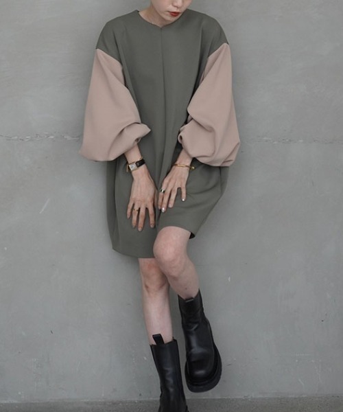 【美品】MECREメクル バイカラーコクーンミニワンピース MECRE - バイカラーコクーンミニワンピース - KHAKI | ADDICT