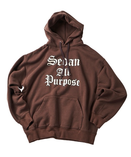 And A(アンドエー)の「SEDAN ALL-PURPOSE セダンオールパーパス / Old English Logo Hoodie オールドイングリッシュ ロゴプリント フーディー パーカー(セットアップ) / SD22F-CT03(パーカー・メンズ・ネイビー/ブラウン・LARGE/MEDIUM)」の1枚目の写真