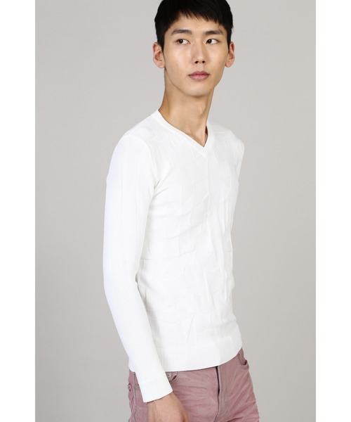 HIGH STREET(ハイストリート)の「HIGH STREET∴リンクスコンビVネックニット(ニット/セーター・メンズ・ピンク/ブルー/アイボリー・LL/M/L)」の2枚目の写真