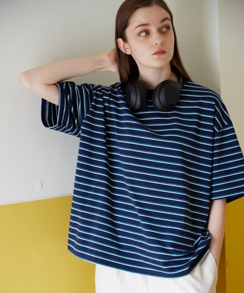flaner（フラネ）の「Loose multi border tee/ルーズマルチボーダーTee（Tシャツ/カットソー・レディース・ネイビー/ブラウン・MEDIUM/LARGE）」の15枚目の写真