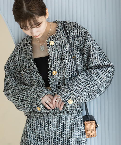 U by SPICK&SPAN(ユーバイスピックアンドスパン)の「ツイードショートジャケット(ノーカラージャケット・レディース・ブラック/ピンク・FREE)」の2枚目の写真