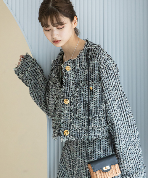 U by SPICK&SPAN(ユーバイスピックアンドスパン)の「ツイードショートジャケット(ノーカラージャケット・レディース・ブラック/ピンク・FREE)」の6枚目の写真