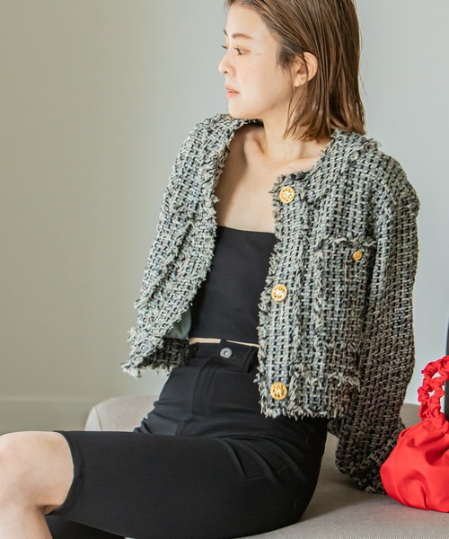 U by SPICK&SPAN(ユーバイスピックアンドスパン)の「ツイードショートジャケット(ノーカラージャケット・レディース・ブラック/ピンク・FREE)」の11枚目の写真