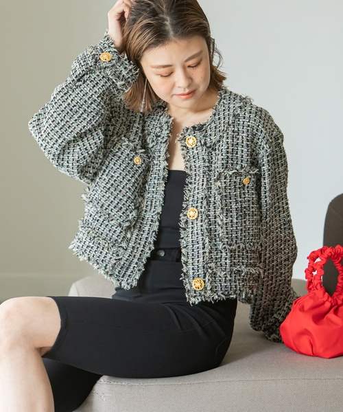 U by SPICK&SPAN(ユーバイスピックアンドスパン)の「ツイードショートジャケット(ノーカラージャケット・レディース・ブラック/ピンク・FREE)」の4枚目の写真