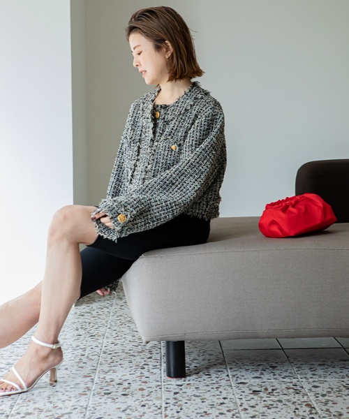 U by SPICK&SPAN(ユーバイスピックアンドスパン)の「ツイードショートジャケット(ノーカラージャケット・レディース・ブラック/ピンク・FREE)」の14枚目の写真