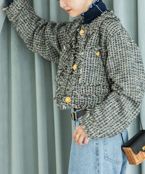 U by SPICK&SPAN(ユーバイスピックアンドスパン)の「ツイードショートジャケット(ノーカラージャケット・レディース・ブラック/ピンク・FREE)」の15枚目の写真