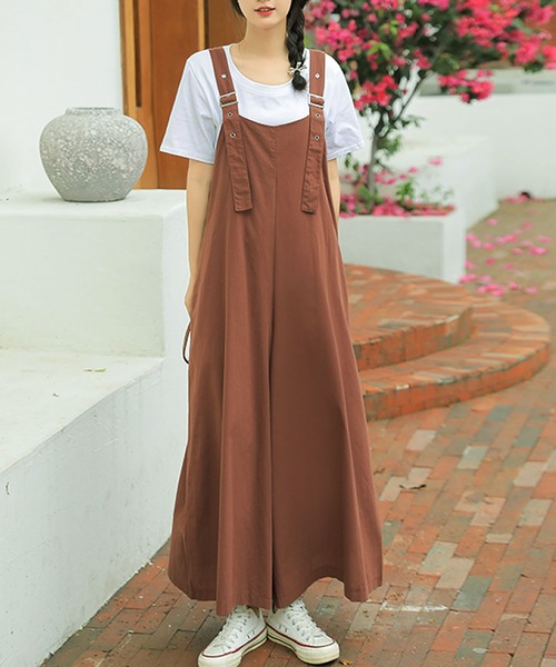 Grandeir（グランディール）の「リネンタッチフレアワイドサロペットパンツ（サロペット/オーバーオール・レディース・ブラック/ベージュ/ライトブラウン・M）」の3枚目の写真