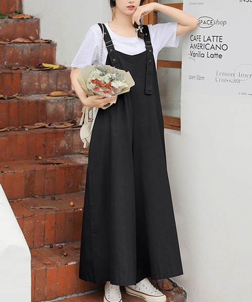 Grandeir（グランディール）の「リネンタッチフレアワイドサロペットパンツ（サロペット/オーバーオール・レディース・ブラック/ベージュ/ライトブラウン・M）」の2枚目の写真