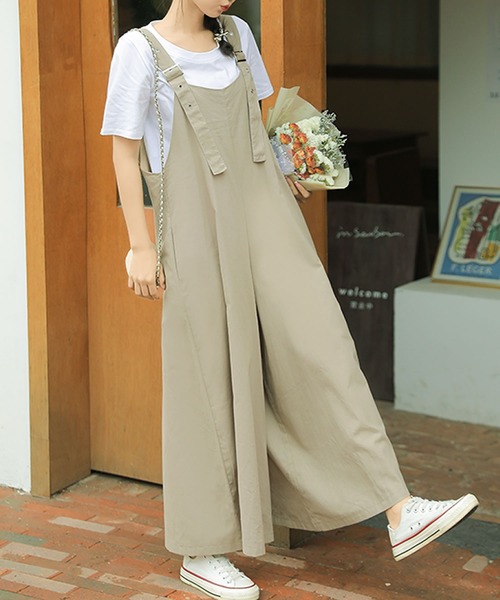 Grandeir（グランディール）の「リネンタッチフレアワイドサロペットパンツ（サロペット/オーバーオール・レディース・ブラック/ベージュ/ライトブラウン・M）」の5枚目の写真