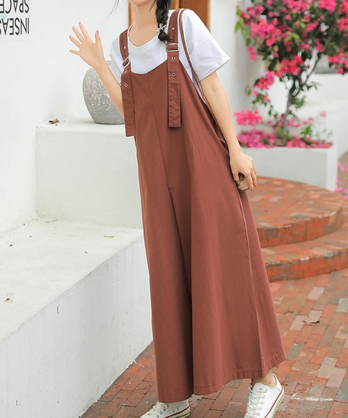 Grandeir（グランディール）の「リネンタッチフレアワイドサロペットパンツ（サロペット/オーバーオール・レディース・ブラック/ベージュ/ライトブラウン・M）」の10枚目の写真