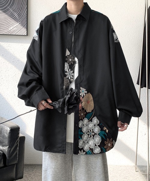 YENN 新品✨EMBRO SLEEVE SHIRT 刺繍スリーブ シャツ FVLMEN（フルメン）の「【FVLMEN】flower embroidery longsleeve