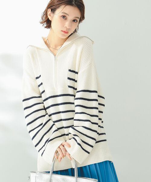 B:MING by BEAMS(ビーミングバイビームス)の「B:MING by BEAMS / 片畦 ハーフジップ ニット(ニット/セーター・レディース・グリーン/ホワイト×ネイビー/オフホワイト・FREE)」の3枚目の写真