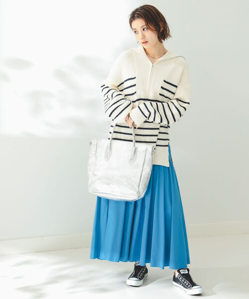 B:MING by BEAMS(ビーミングバイビームス)の「B:MING by BEAMS / 片畦 ハーフジップ ニット(ニット/セーター・レディース・グリーン/ホワイト×ネイビー/オフホワイト・FREE)」の5枚目の写真