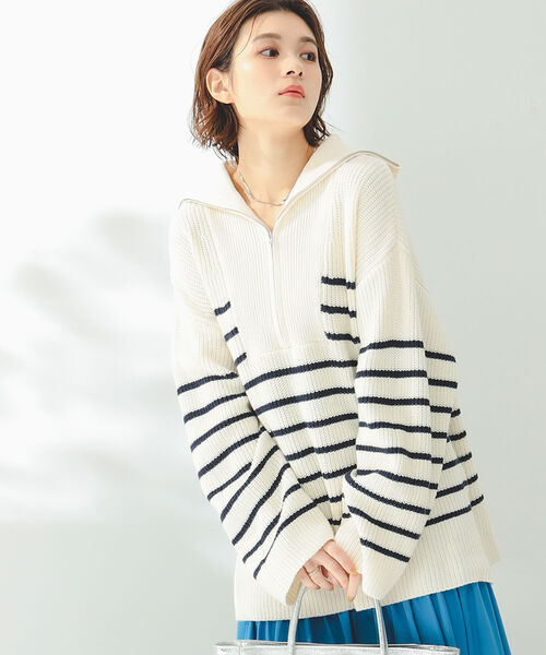 B:MING by BEAMS(ビーミングバイビームス)の「B:MING by BEAMS / 片畦 ハーフジップ ニット(ニット/セーター・レディース・グリーン/ホワイト×ネイビー/オフホワイト・FREE)」の14枚目の写真