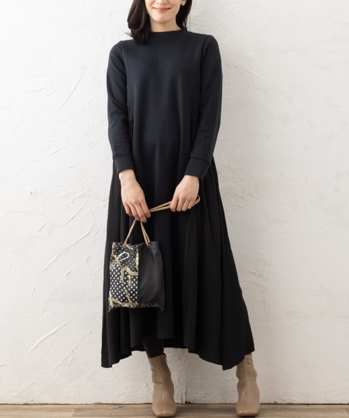 セール】バックフレアーアクセント異素材コンビワンピース（ワンピース