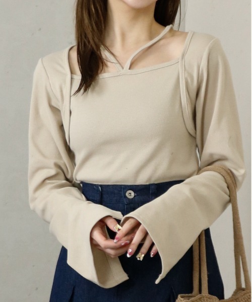 Per sist ence（パーシエンス）の「Per sist ence/パーシエンス　リブボレロ風トップス（Tシャツ/カットソー・レディース・ベージュ/ホワイト/ブラック/ダークグレー・FREE）」の4枚目の写真