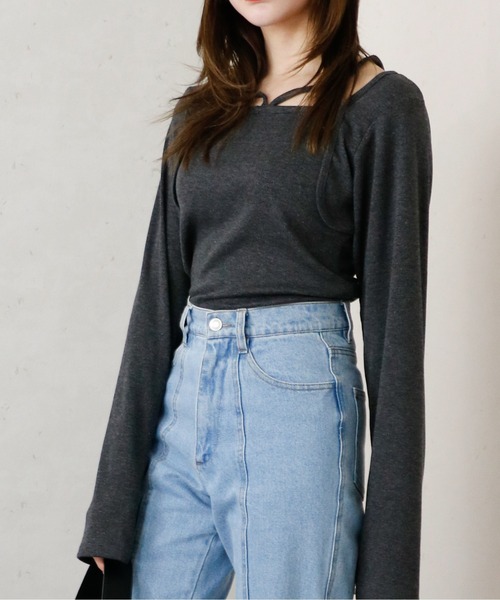 Per sist ence（パーシエンス）の「Per sist ence/パーシエンス　リブボレロ風トップス（Tシャツ/カットソー・レディース・ベージュ/ホワイト/ブラック/ダークグレー・FREE）」の3枚目の写真