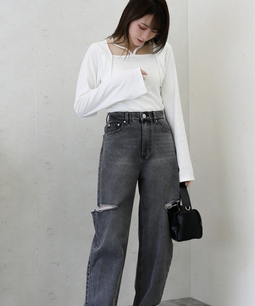 Per sist ence（パーシエンス）の「Per sist ence/パーシエンス　リブボレロ風トップス（Tシャツ/カットソー・レディース・ベージュ/ホワイト/ブラック/ダークグレー・FREE）」の6枚目の写真