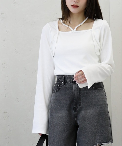 Per sist ence（パーシエンス）の「Per sist ence/パーシエンス　リブボレロ風トップス（Tシャツ/カットソー・レディース・ベージュ/ホワイト/ブラック/ダークグレー・FREE）」の14枚目の写真
