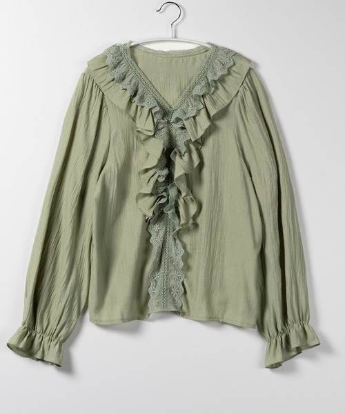 新品ダブルフリルフラップブラウスミントグリーン緑レース清楚上品