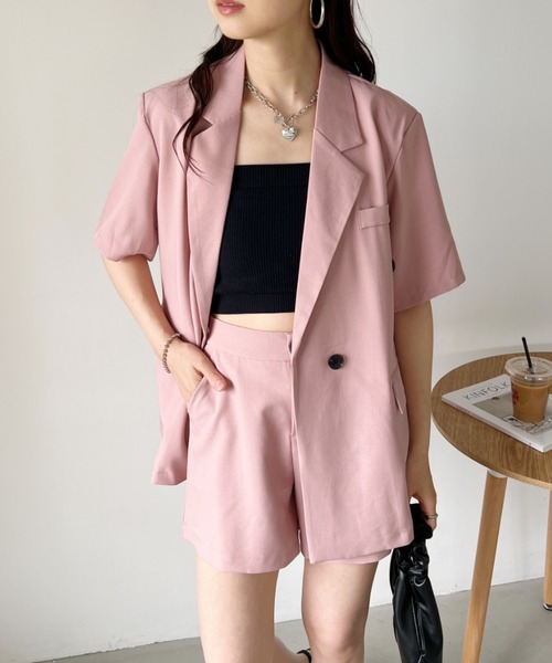 CLEA（クレア）の「【2点セット】半袖サマージャケット+ハーフパンツ セットアップ（セットアップ・レディース・ブラック/アイボリー/ピンク/グレー・FREE）」の4枚目の写真