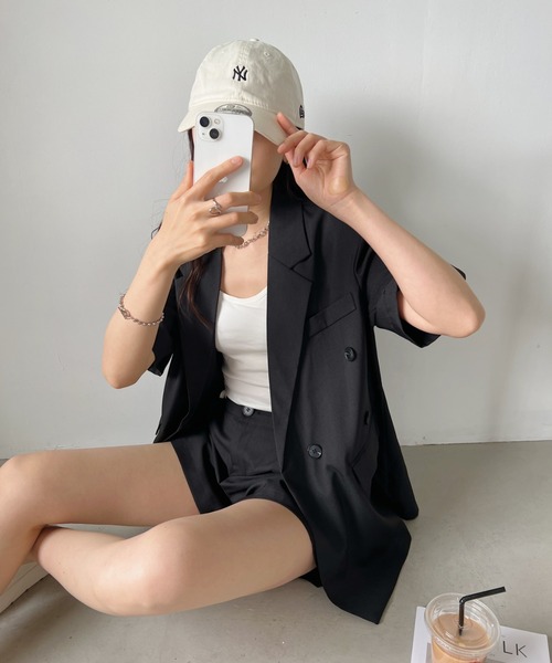 CLEA（クレア）の「【2点セット】半袖サマージャケット+ハーフパンツ セットアップ（セットアップ・レディース・ブラック/アイボリー/ピンク/グレー・FREE）」の7枚目の写真