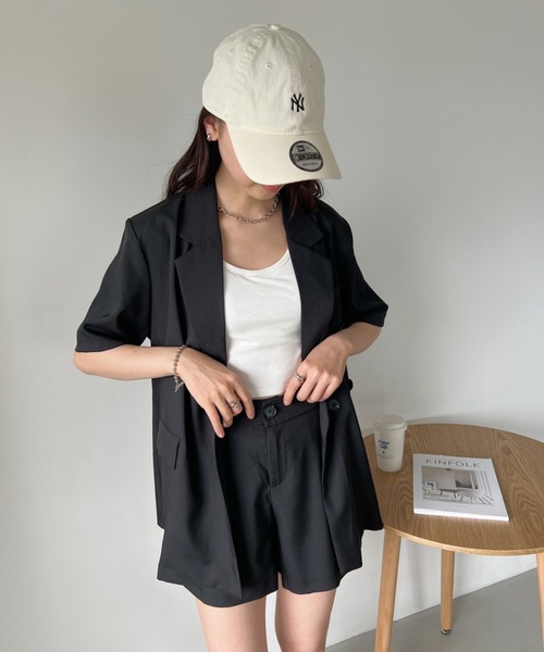 CLEA（クレア）の「【2点セット】半袖サマージャケット+ハーフパンツ セットアップ（セットアップ・レディース・ブラック/アイボリー/ピンク/グレー・FREE）」の17枚目の写真