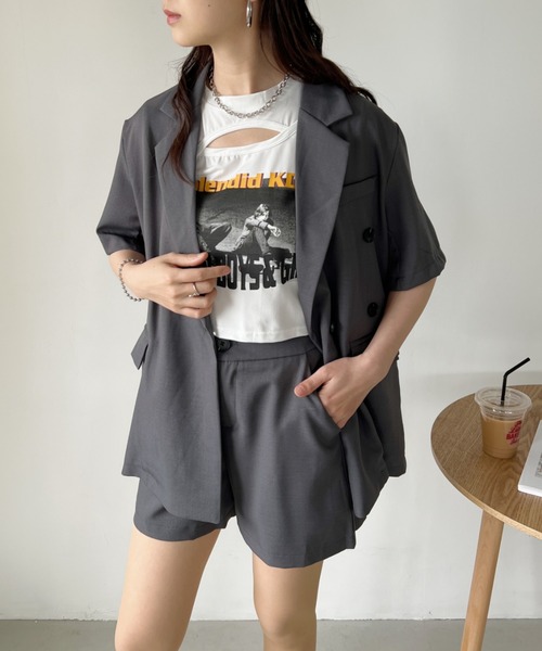 CLEA（クレア）の「【2点セット】半袖サマージャケット+ハーフパンツ セットアップ（セットアップ・レディース・ブラック/アイボリー/ピンク/グレー・FREE）」の13枚目の写真