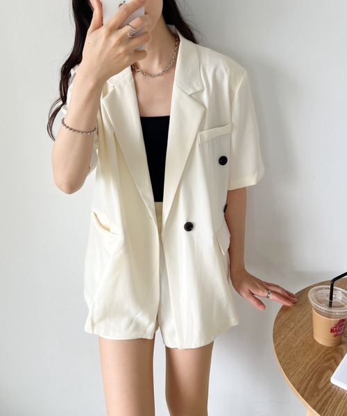 CLEA（クレア）の「【2点セット】半袖サマージャケット+ハーフパンツ セットアップ（セットアップ・レディース・ブラック/アイボリー/ピンク/グレー・FREE）」の20枚目の写真