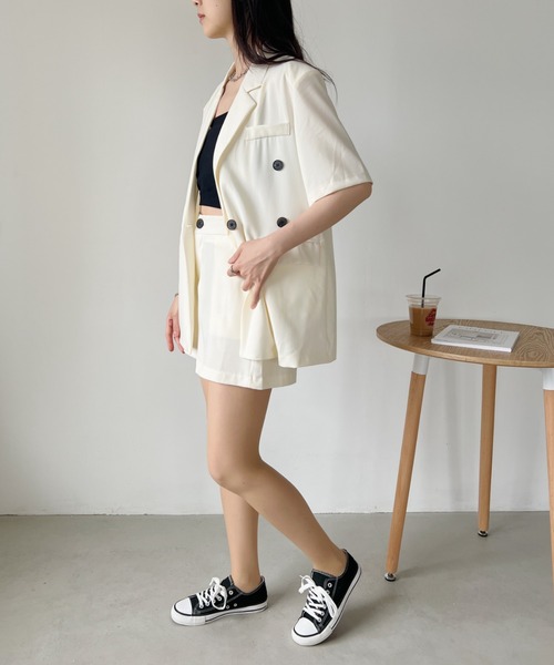 CLEA（クレア）の「【2点セット】半袖サマージャケット+ハーフパンツ セットアップ（セットアップ・レディース・ブラック/アイボリー/ピンク/グレー・FREE）」の16枚目の写真