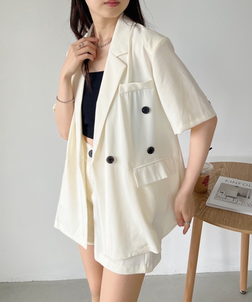 CLEA（クレア）の「【2点セット】半袖サマージャケット+ハーフパンツ セットアップ（セットアップ・レディース・ブラック/アイボリー/ピンク/グレー・FREE）」の15枚目の写真