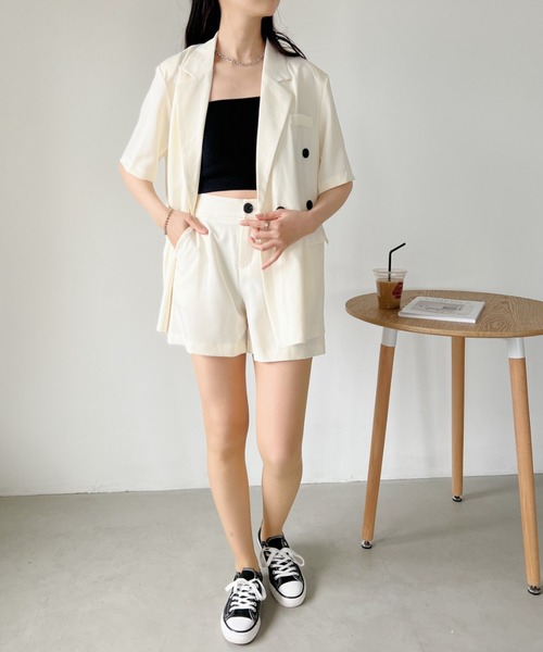 CLEA（クレア）の「【2点セット】半袖サマージャケット+ハーフパンツ セットアップ（セットアップ・レディース・ブラック/アイボリー/ピンク/グレー・FREE）」の5枚目の写真