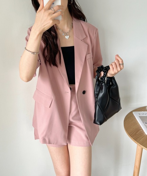 CLEA（クレア）の「【2点セット】半袖サマージャケット+ハーフパンツ セットアップ（セットアップ・レディース・ブラック/アイボリー/ピンク/グレー・FREE）」の14枚目の写真