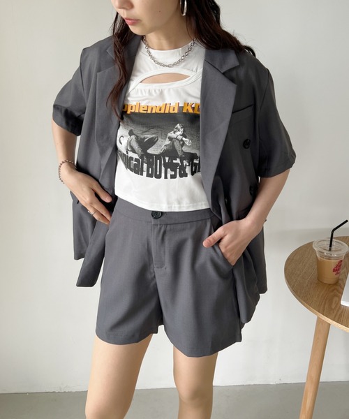 CLEA（クレア）の「【2点セット】半袖サマージャケット+ハーフパンツ セットアップ（セットアップ・レディース・ブラック/アイボリー/ピンク/グレー・FREE）」の18枚目の写真