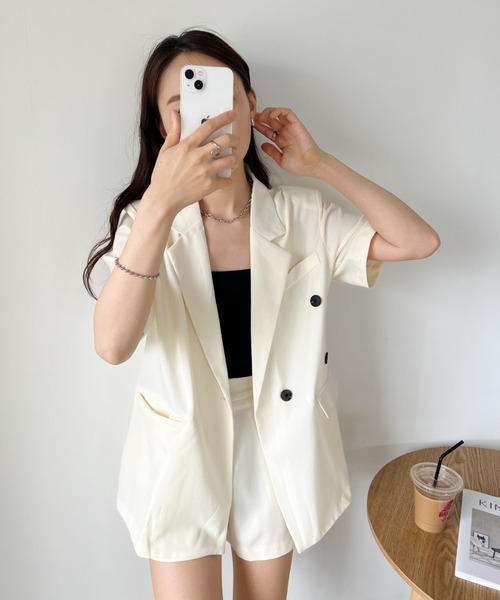 CLEA（クレア）の「【2点セット】半袖サマージャケット+ハーフパンツ セットアップ（セットアップ・レディース・ブラック/アイボリー/ピンク/グレー・FREE）」の11枚目の写真