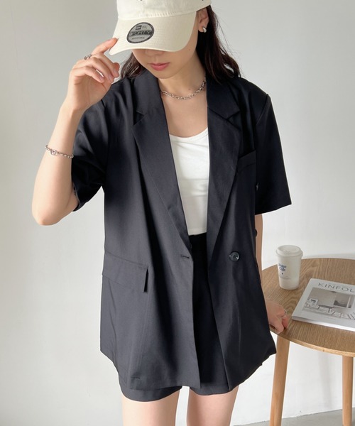 CLEA（クレア）の「【2点セット】半袖サマージャケット+ハーフパンツ セットアップ（セットアップ・レディース・ブラック/アイボリー/ピンク/グレー・FREE）」の12枚目の写真